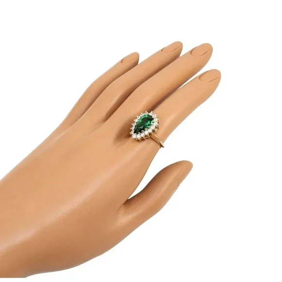 Solid 10K Yellow Gold Pear Cut Green Spinel Clear Round CZ Halo Cocktail Ring 6